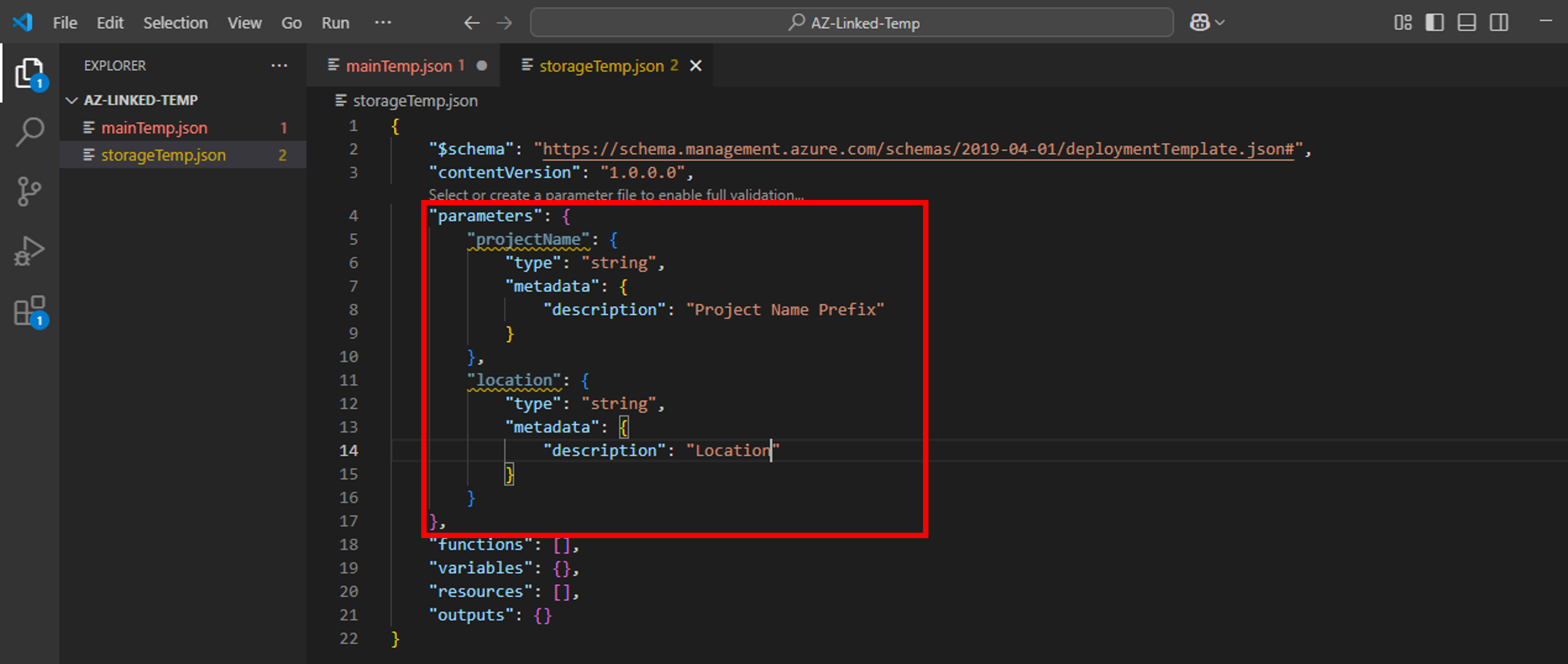 ARM linked template-storage-Temp-parameters