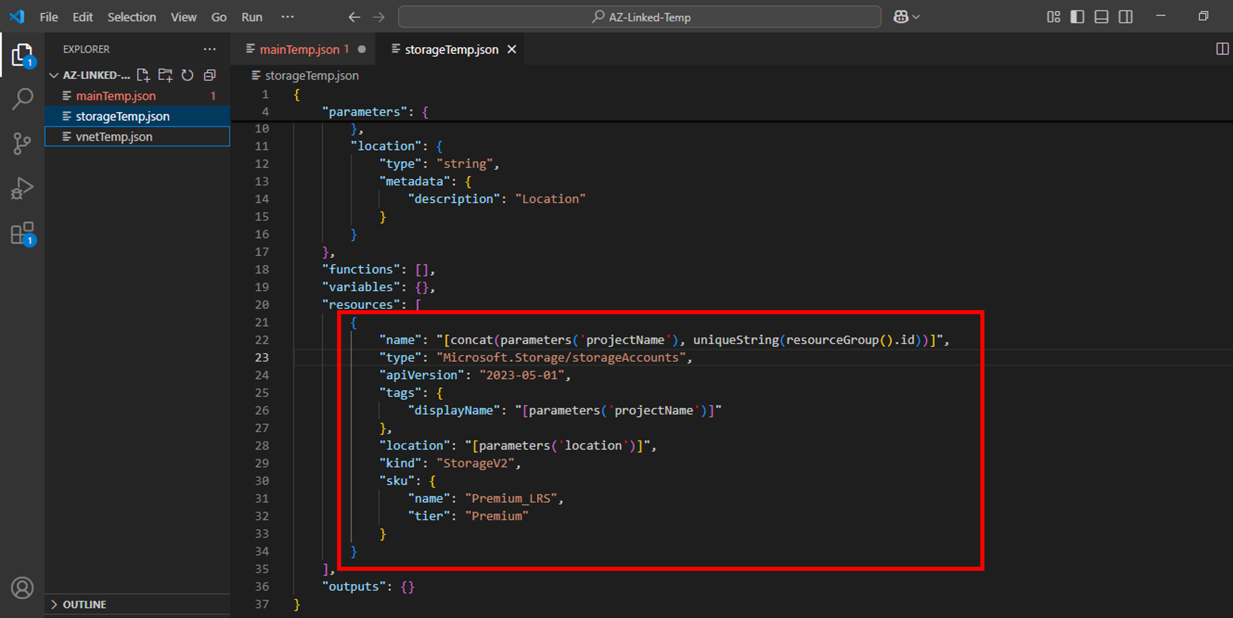 ARM linked template-storage-template-resource