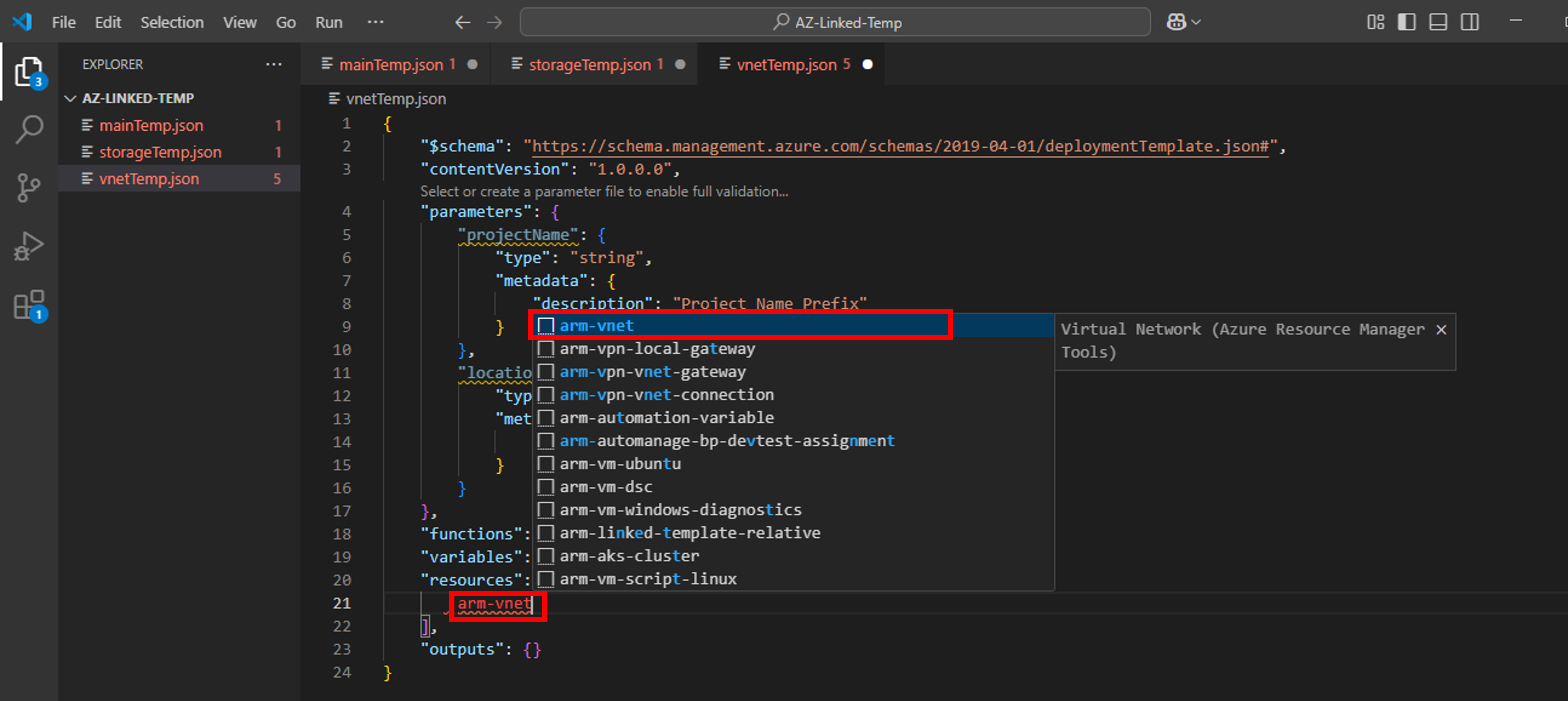 ARM linked template-vnet-temp-arm-vnet-scaffolding