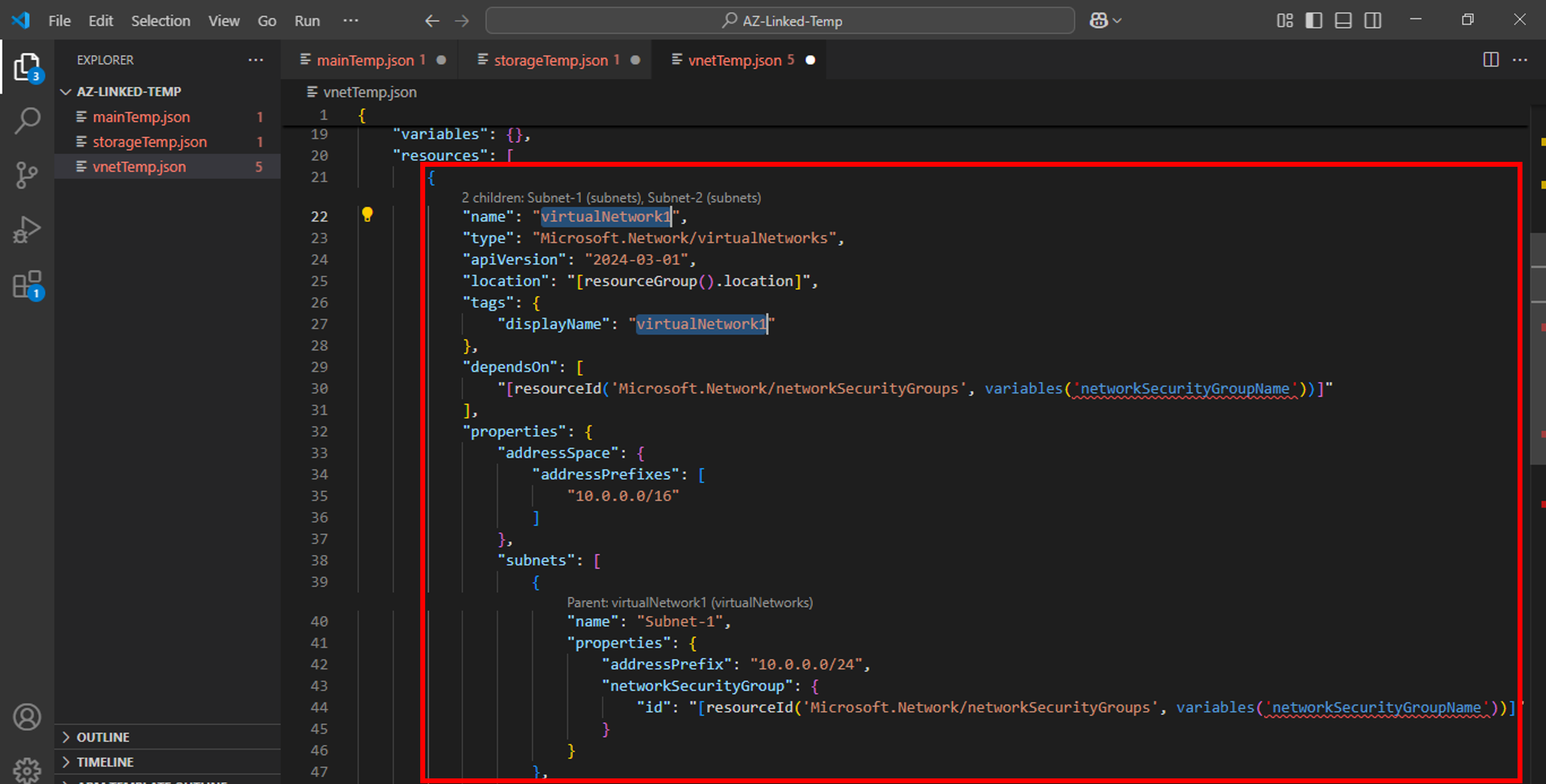 ARM linked template-vnet-temp-new-vnet-resource