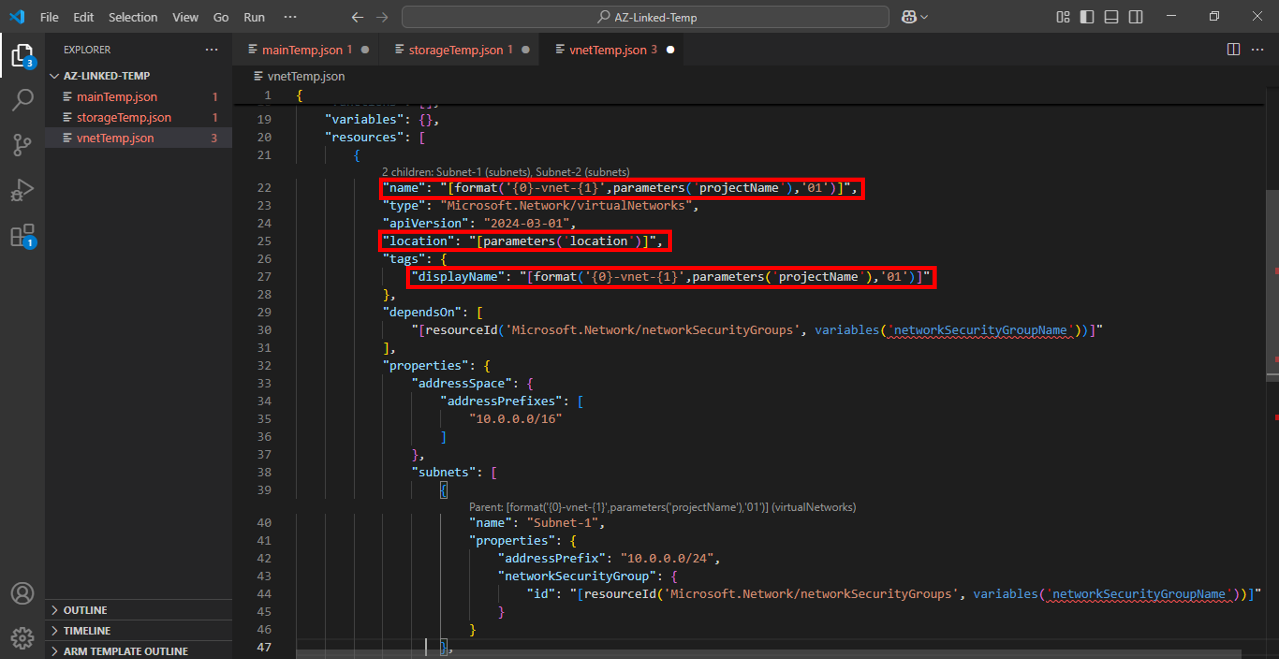 ARM linked template-vnet-temp-vnet-resource-properties