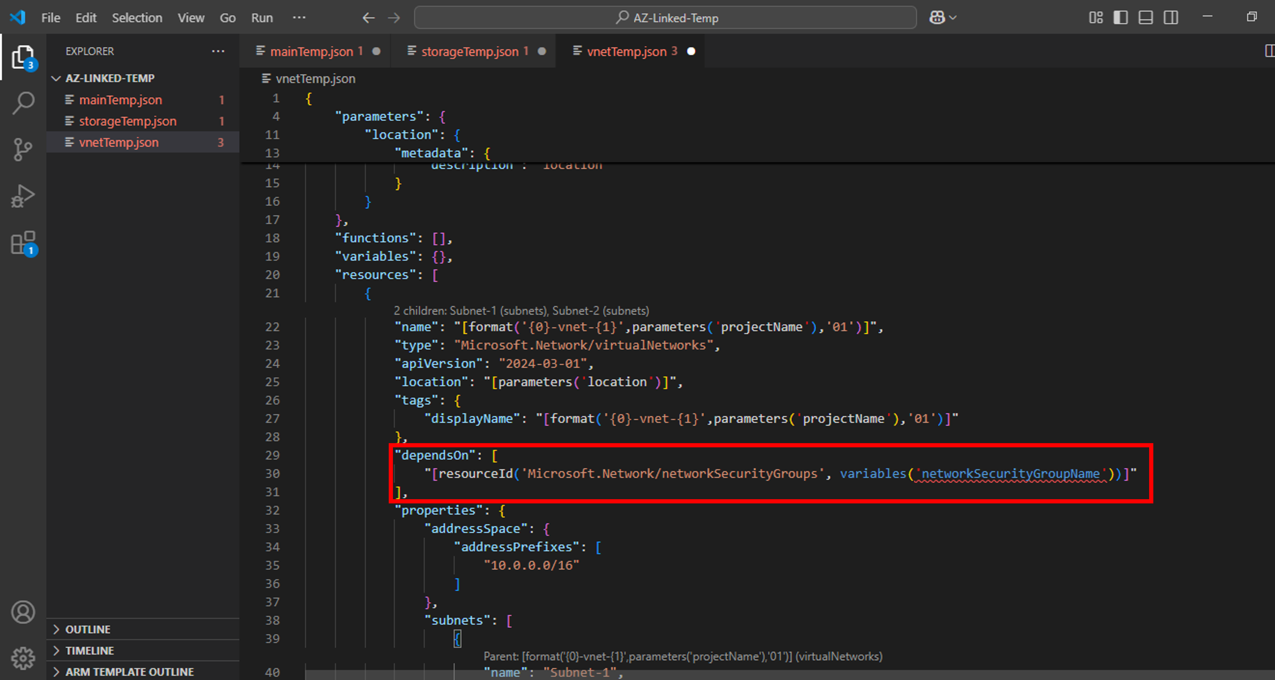 ARM linked template-vnet-temp-vnet-resource-dependson