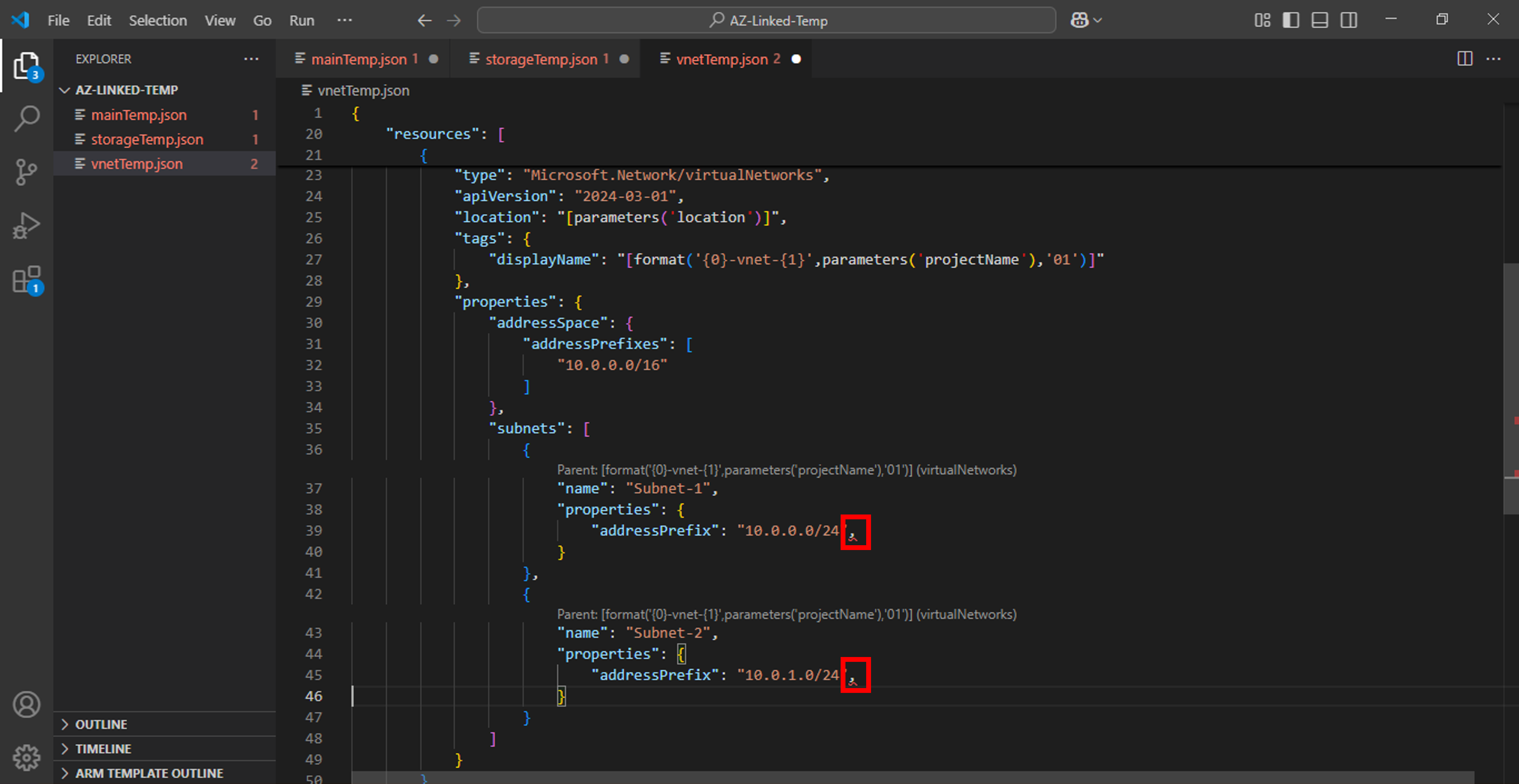 ARM linked template-vnet-temp-vnet-resource-semicolon