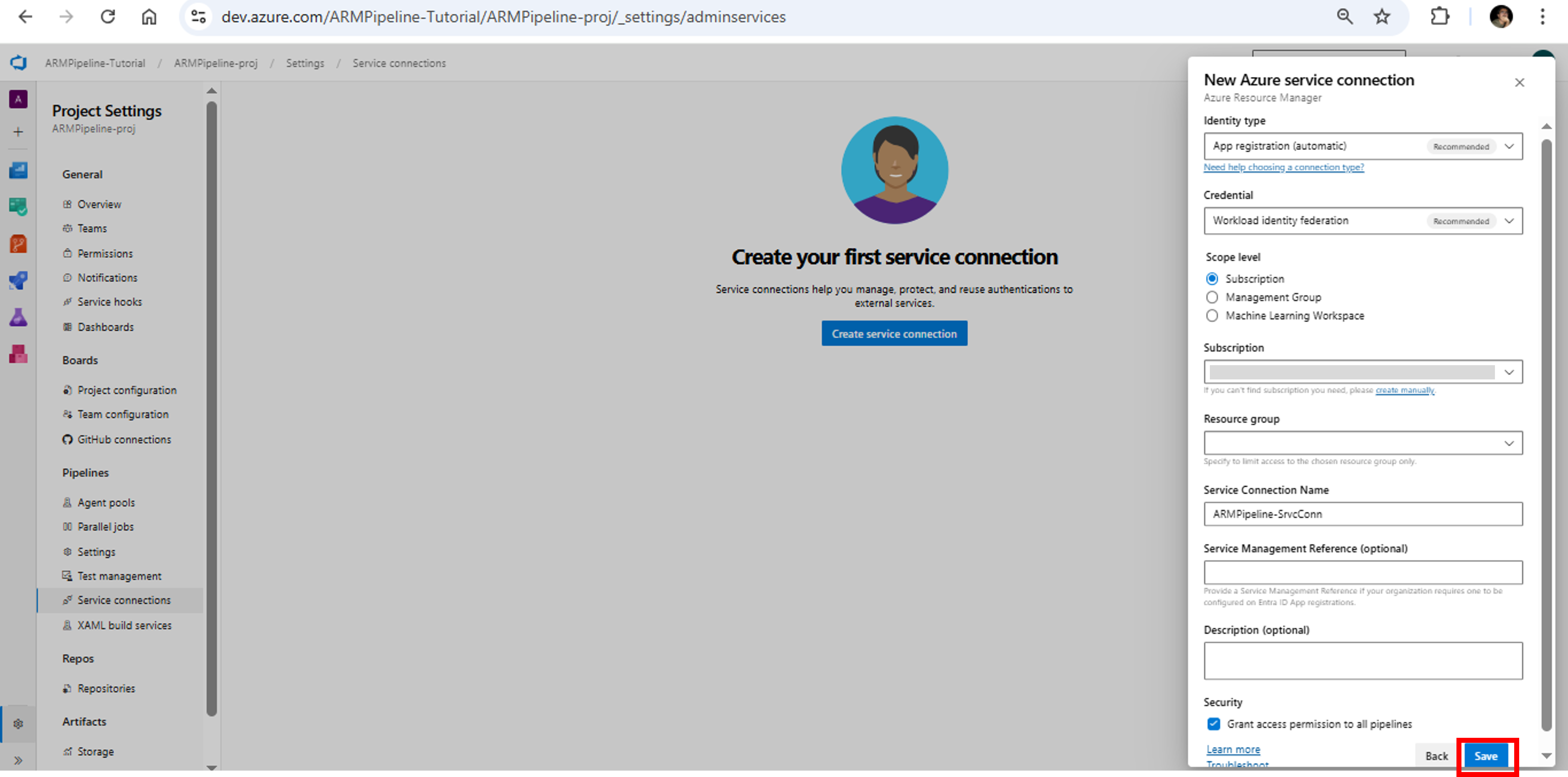 Azure DevOps-New ARM Service Connection Details