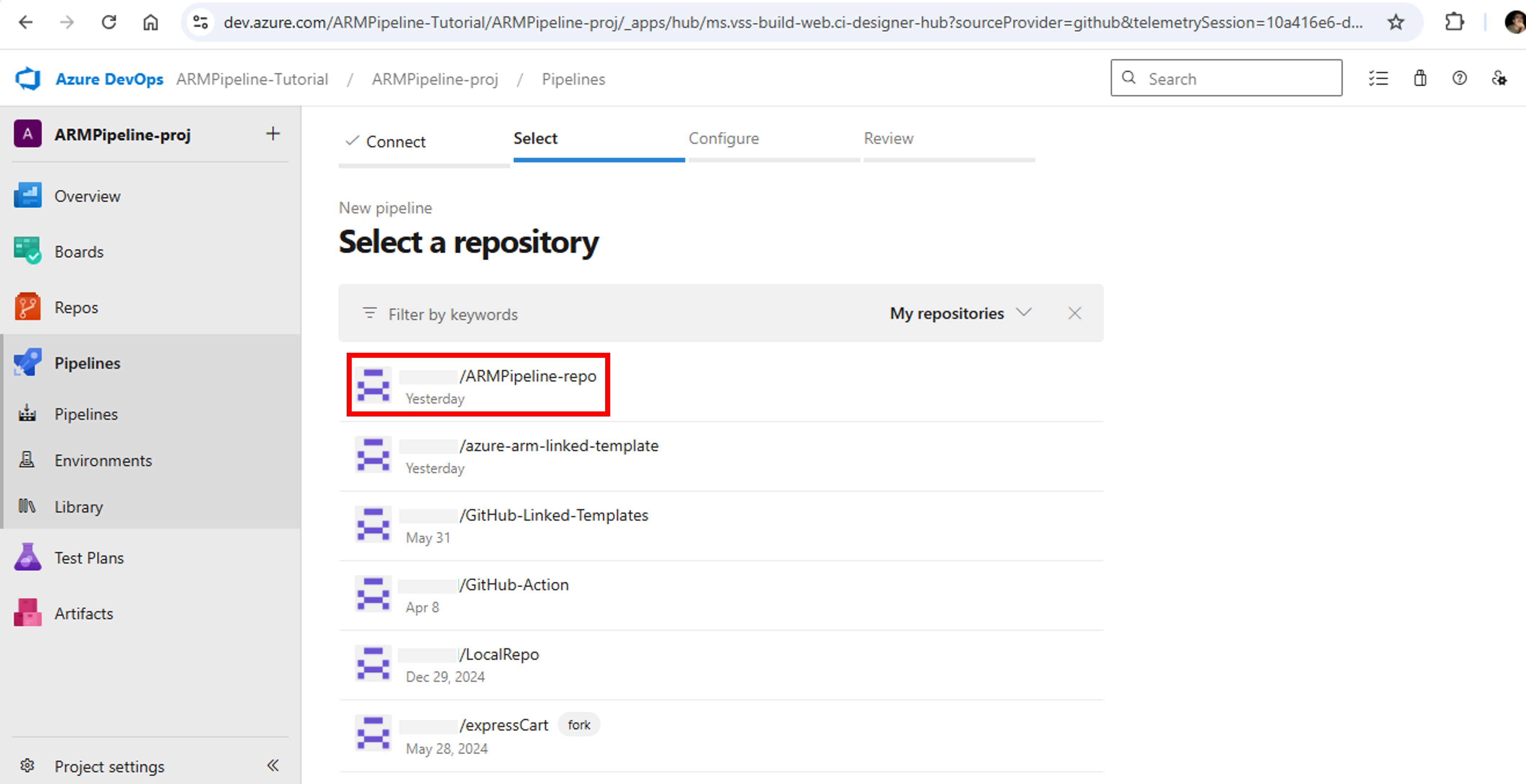 Azure DevOps-Azure Pipelines-Select Repo