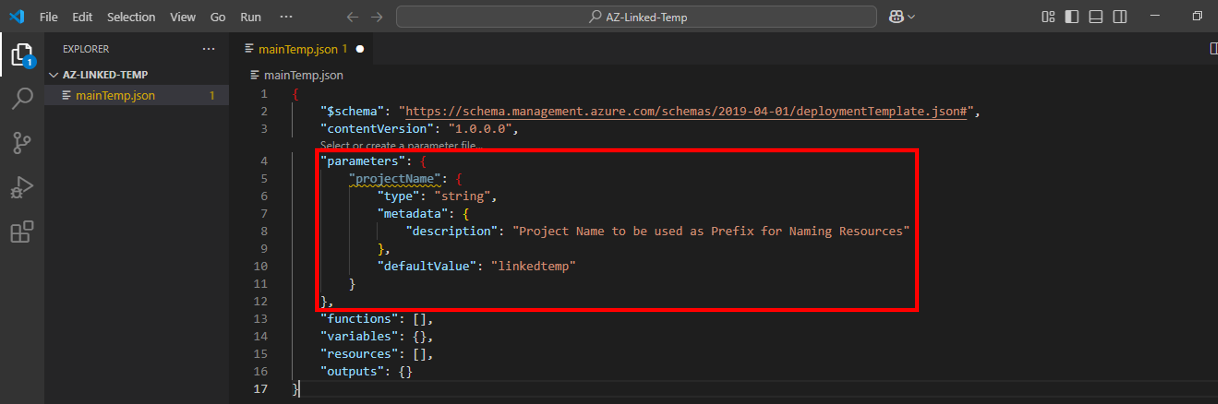 ARM linked template main Template parameters