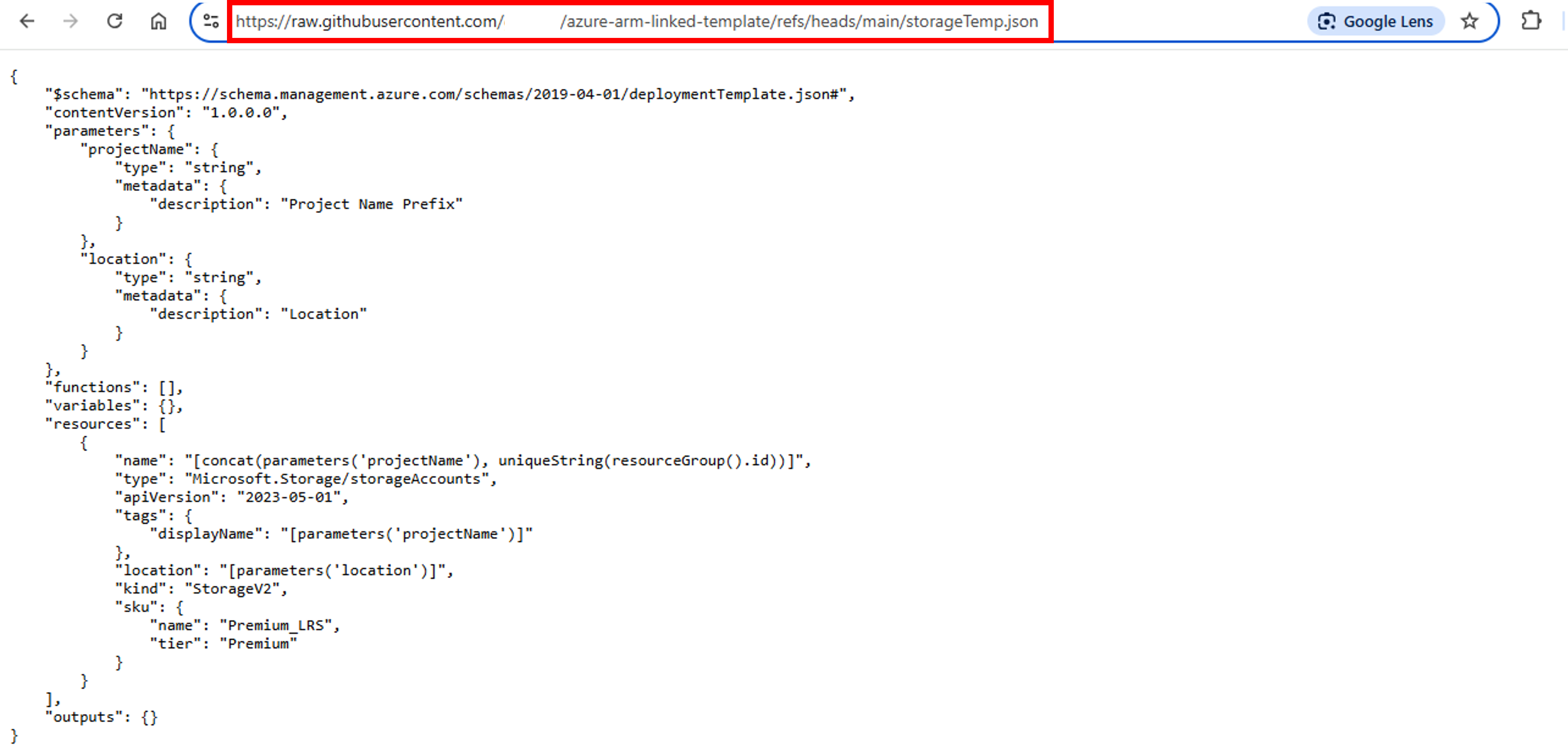 ARM linked template-Github-storage-template-code-raw-link