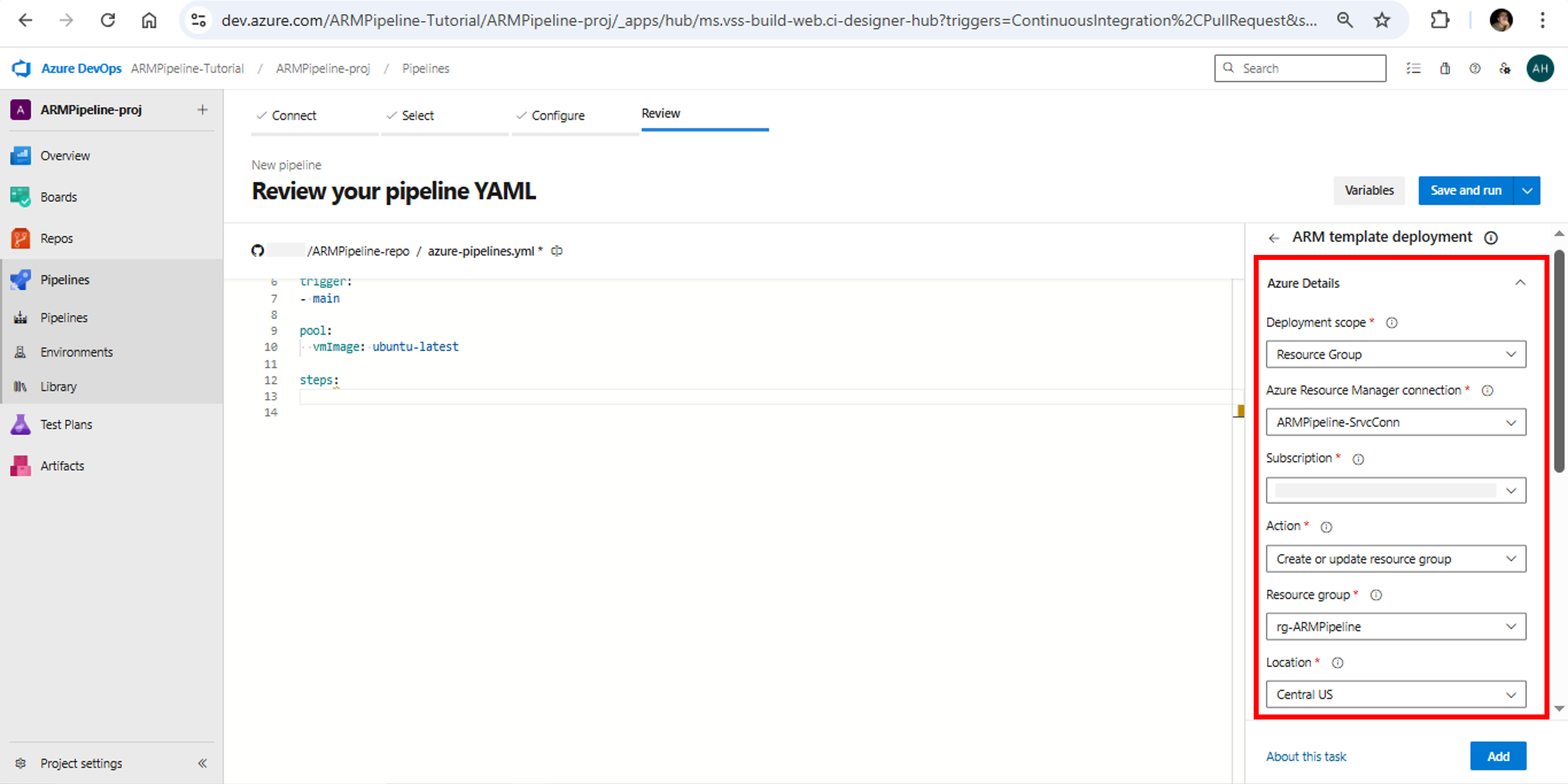 Azure DevOps-Azure Pipelines-Task ARM template deployment-Azure Details