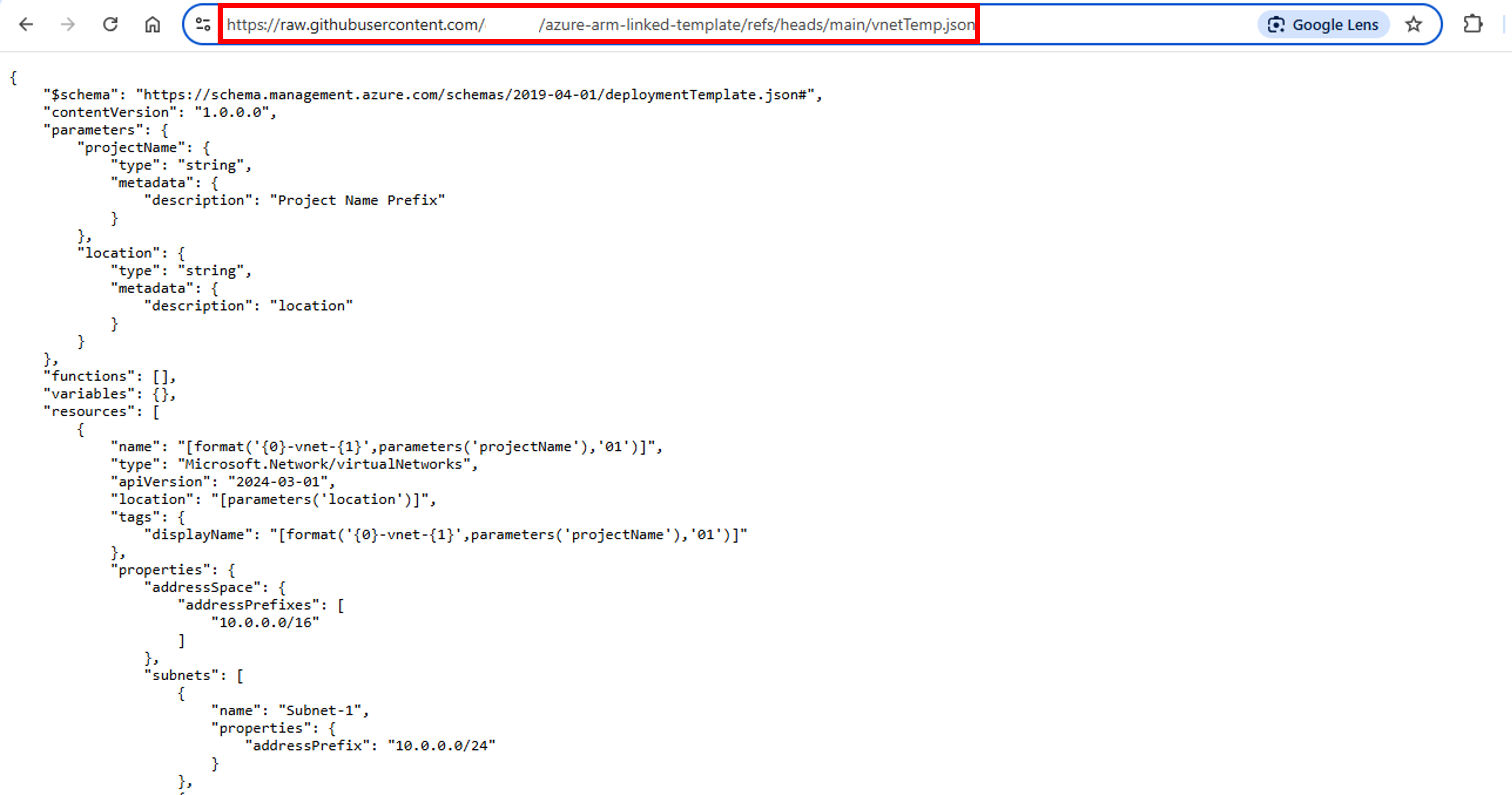 ARM linked template-Github-vnet-template-code-raw-link