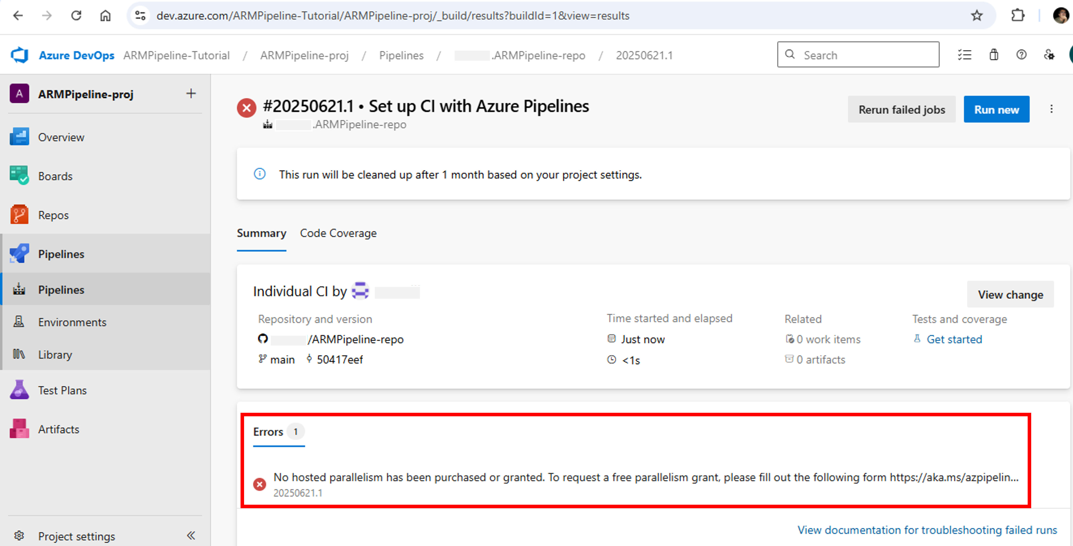 Azure DevOps-Azure Pipelines-Error No hosted parallelism