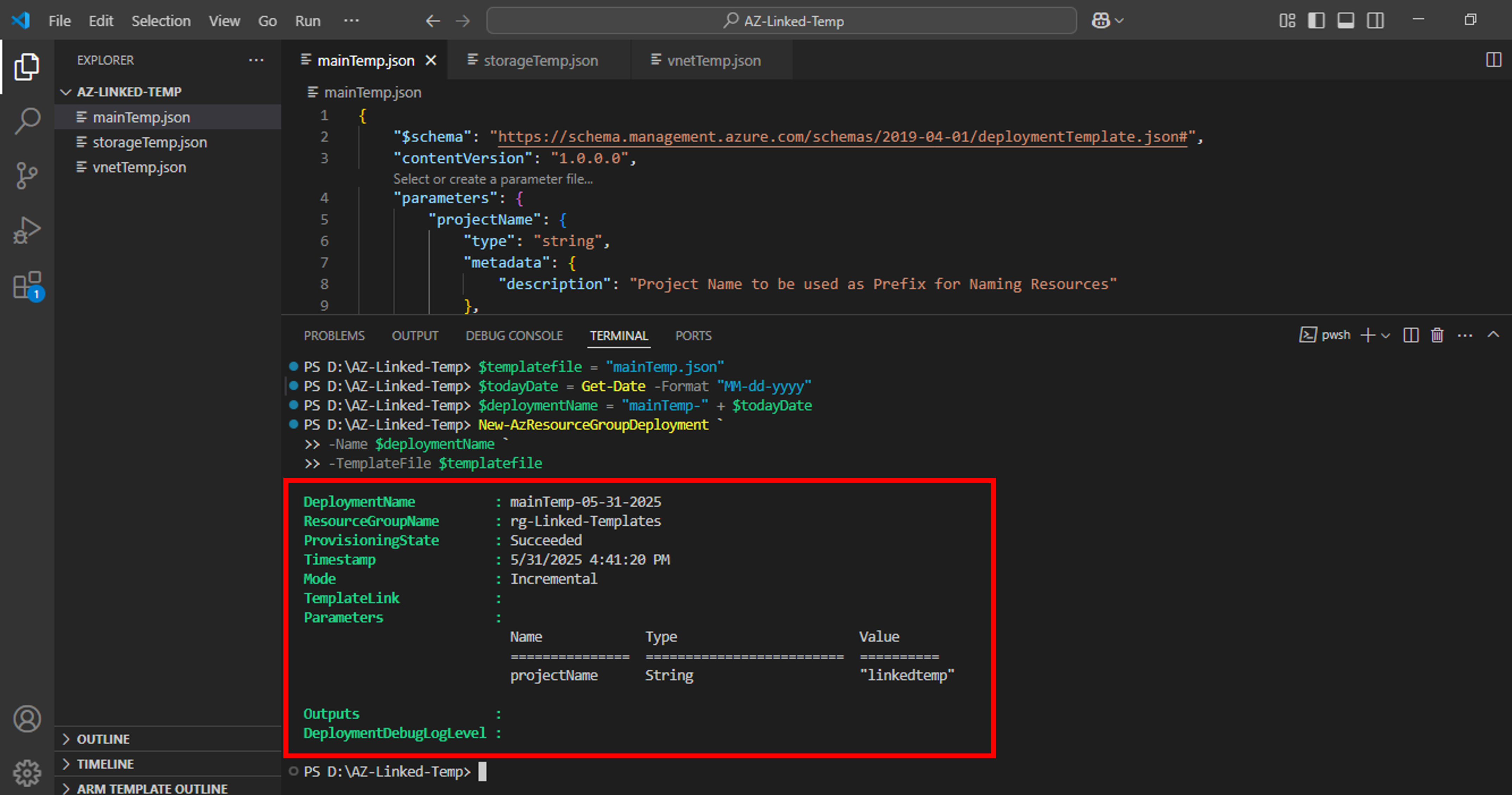ARM linked template-deploy-main-template-result
