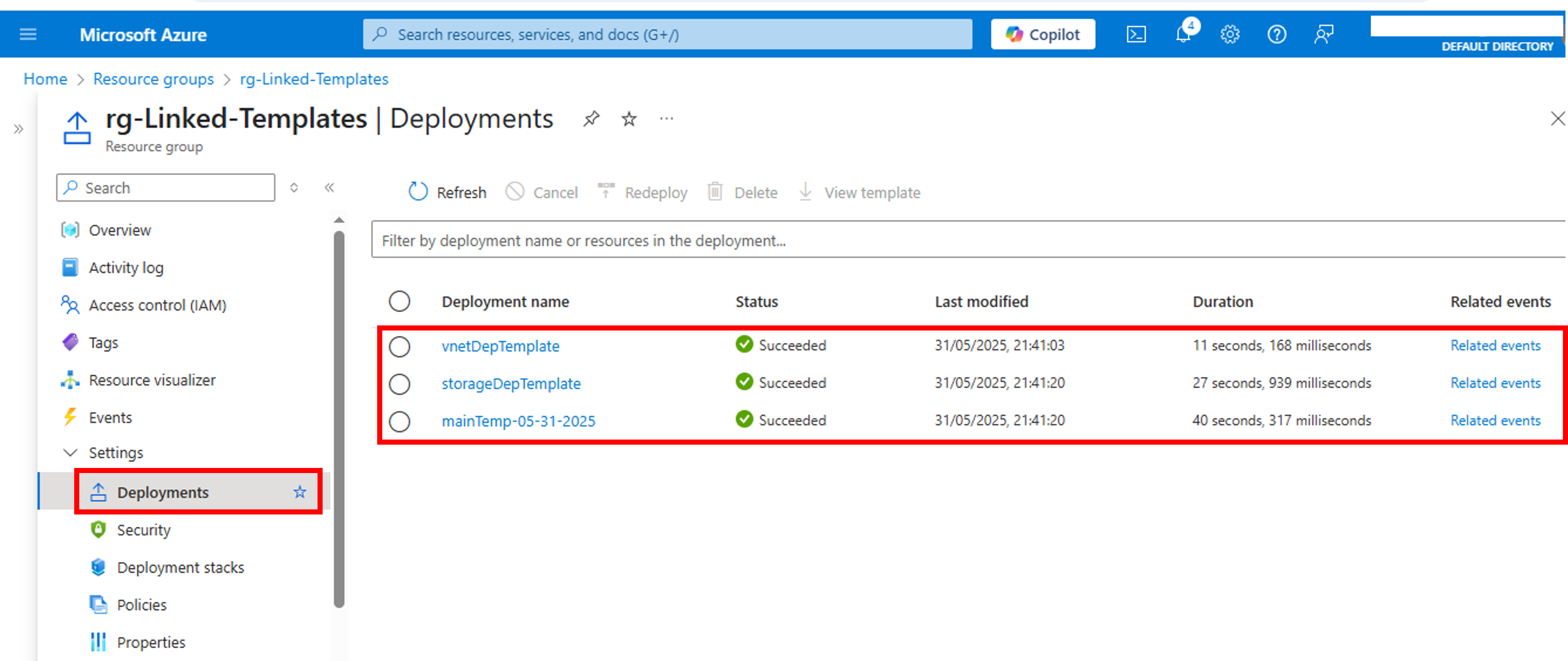ARM linked template-Azure-portal-new-deployment