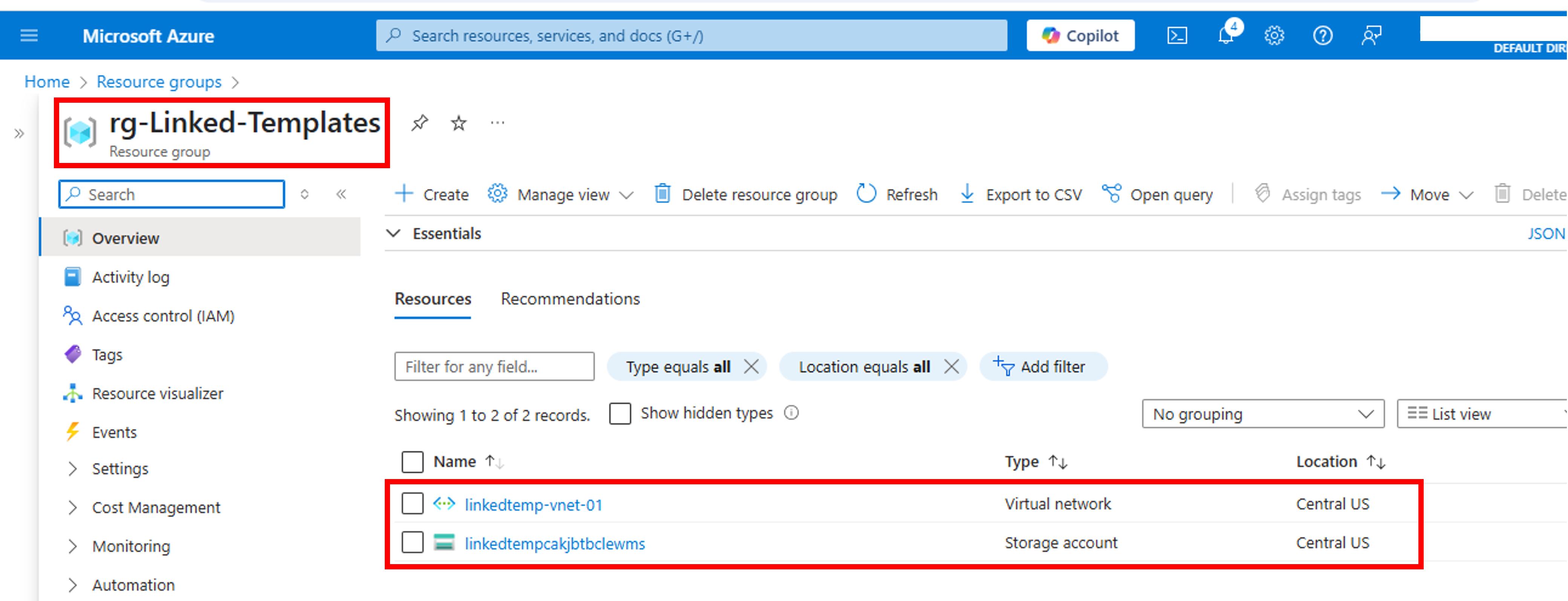 ARM linked template-Azure-portal-resource-group