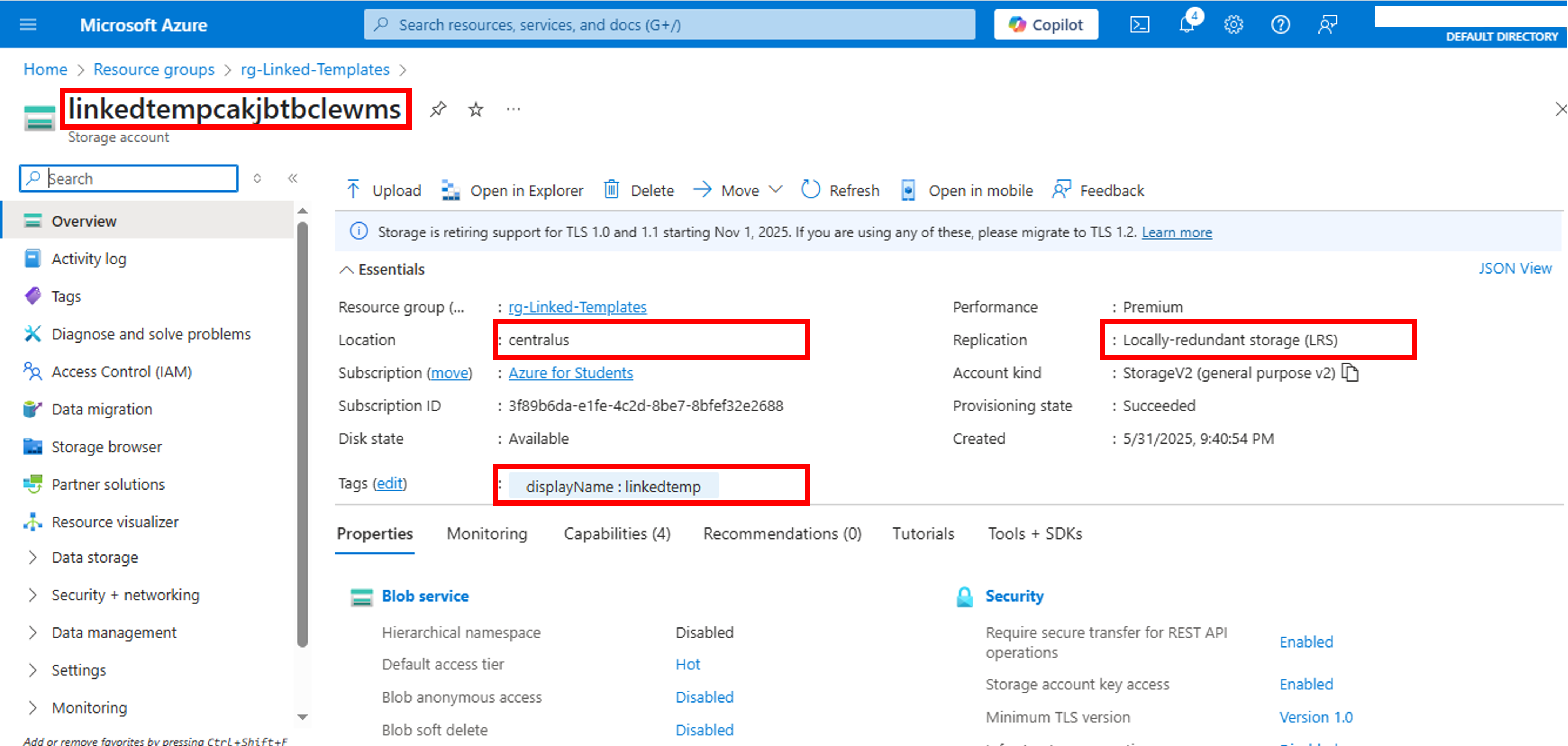 ARM linked template-Azure-portal-new-storage-account