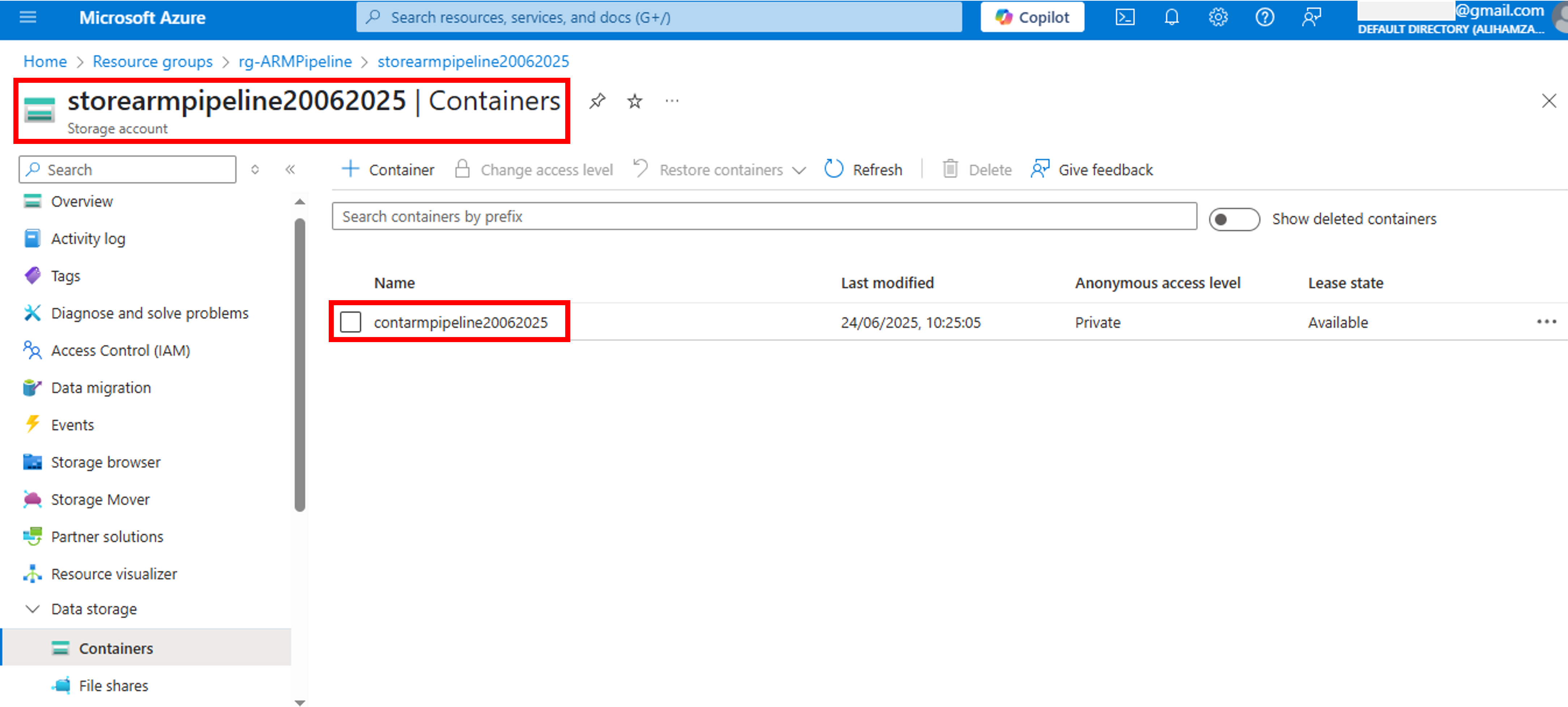 Azure Portal-Azure Pipelines-New Storage Container
